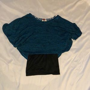 Black spaghetti strap with flowy blue cover shirt